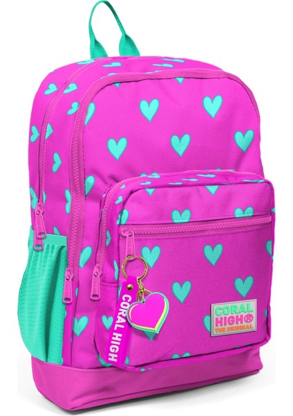 Neon Pembe Su Yeşili Kalp Desenli 3’lü Okul Çanta Seti