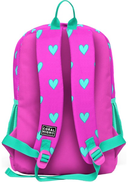 Neon Pembe Su Yeşili Kalp Desenli 3’lü Okul Çanta Seti