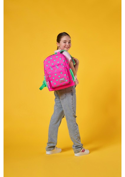 Neon Pembe Su Yeşili Kalp Desenli 3’lü Okul Çanta Seti