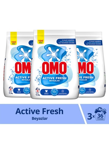 Active Fresh Toz Çamaşır Deterjanı Beyazlar İçin En Zorlu Lekeleri İlk Yıkamada Çıkarır 5,5 KG x3