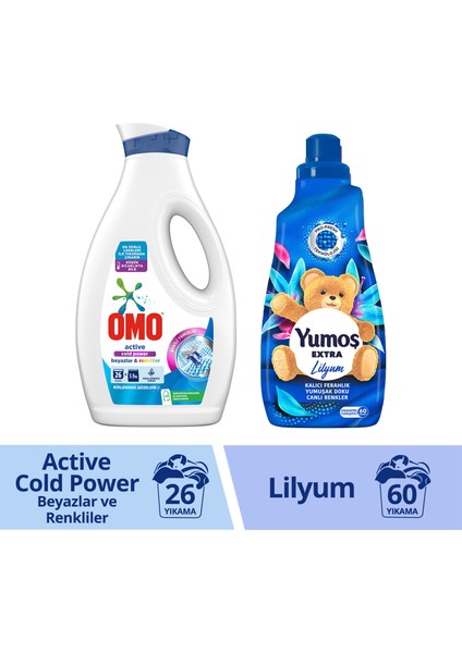 Sıvı Deterjan Active Beyazlar ve Renkliler 1690 ml x1 + Yumoş Yumuşatıcı Lilyum 1440 ml x1