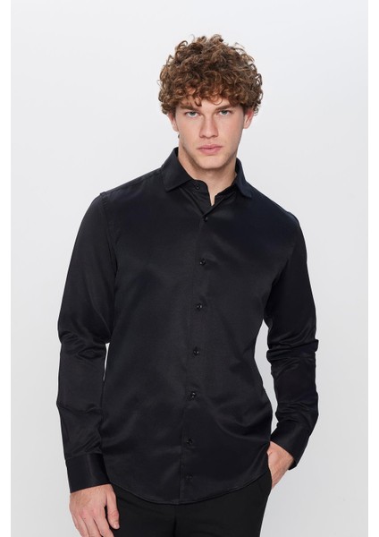 Slim Fit Dar Kesim Uzun Kollu Önden Kulplu Düz 4 Mevsim Erkek Gömlek