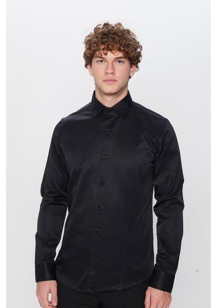 Slim Fit Dar Kesim Uzun Kollu Önden Kulplu Düz 4 Mevsim Erkek Gömlek fırsatları