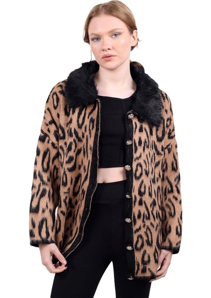 22288 Leopar Yakası Kürklü Hırka Siyah
