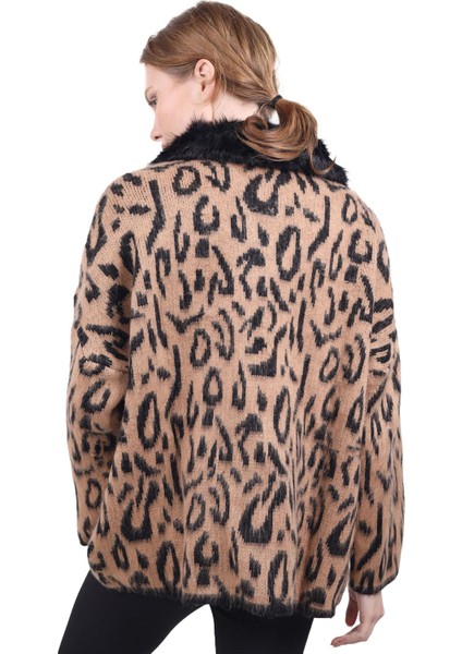 22288 Leopar Yakası Kürklü Hırka Siyah
