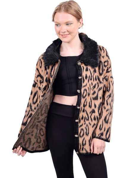 22288 Leopar Yakası Kürklü Hırka Siyah