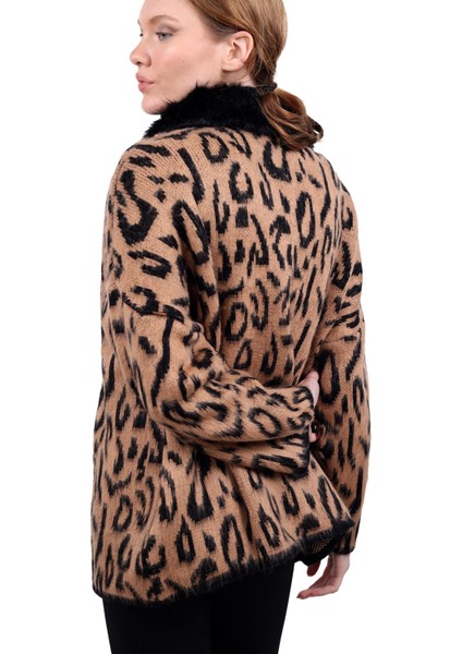 22288 Leopar Yakası Kürklü Hırka Siyah