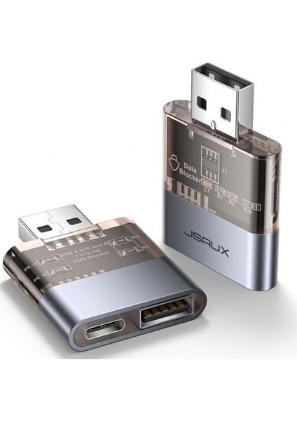 DC0011 USB Veri Engelleyici Şeffaf 2'si 1 Arada Hızlı Şarj Usb-A To  Usb-A ve Usb-C Veri Engelleyici Sadece Şarj Için, Juice Jacking'e Karşı Koruma , Korsanlığı Reddeder, Güvenli Şarj Desteği