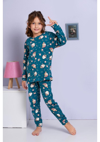 Kız Çocuk Baykuş Desenli Uzun Kollu Pijama Takımı