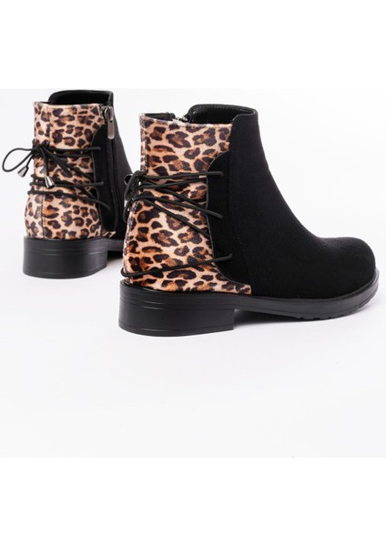 165-209 Siyah Leopar Arka Bağcık Aksesuarlı Fermuarlı Günlük Kadın Bot fırsatları