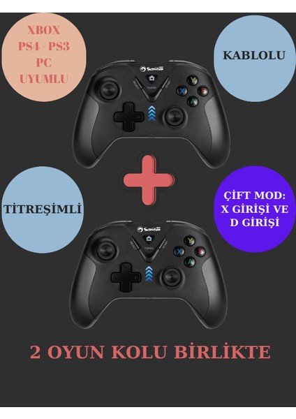 GT-019 Ps4 - Ps3 - Pc Uyumlu Titreşimli Çift Mod Kablolu Oyun Kolu Gamepad 2'li