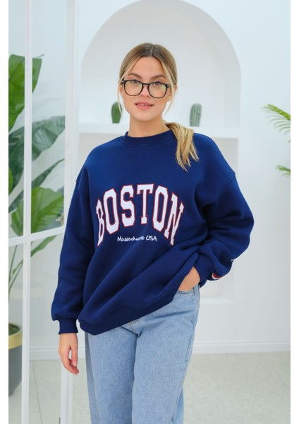 Boston Baskılı Sweat Lacivert