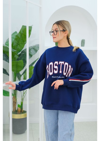 Boston Baskılı Sweat Lacivert