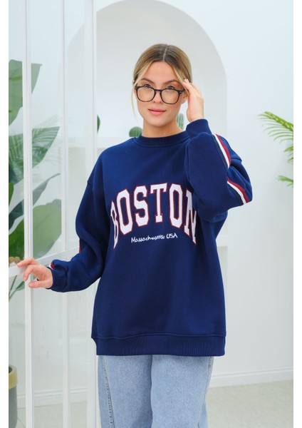 Boston Baskılı Sweat Lacivert