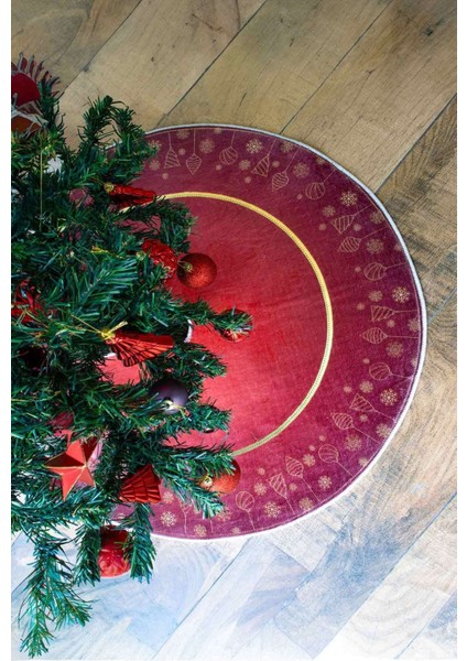 Çam Ağacı Ayak Halısı Örtüsü, Yılbaşı Ağacı Altı Örtüsü, Çamlı Desen 80 x 80 cm Dokuma Taban