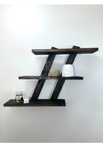 Doğal Ahşap Dekoratif Simetrik 3 Katlı Vintage Duvar Rafı