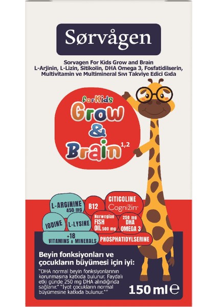 Grow&brain L-Arjinin, Sitikolin, Fosfatidilserin, Dha Omega 3, B12, L- Lizin, Multi Vitamin&mineral Sıvı 150 ml