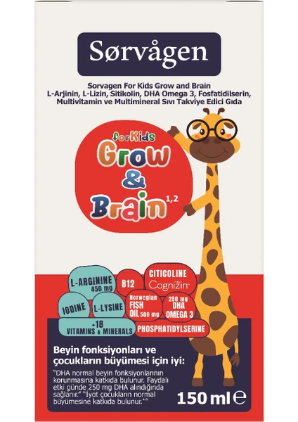 Grow&brain L-Arjinin, Sitikolin, Fosfatidilserin, Dha Omega 3, B12, L- Lizin, Multi Vitamin&mineral Sıvı 150 ml