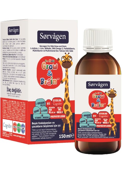 Grow&brain L-Arjinin, Sitikolin, Fosfatidilserin, Dha Omega 3, B12, L- Lizin, Multi Vitamin&mineral Sıvı 150 ml