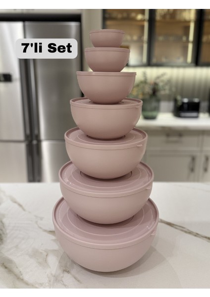 7'li Set Yuvarlak, Kapaklı Saklama Kabı, Hamur Leğeni, Erzak Kabı, (8,5L + 6L + 4L + 2,5L + 1,2L + 0,6L +0,2L), (7 ADET), Pudra Rengi
