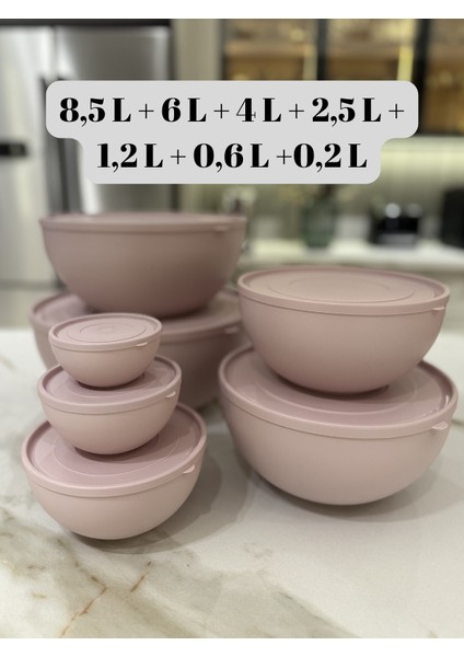 7'li Set Yuvarlak, Kapaklı Saklama Kabı, Hamur Leğeni, Erzak Kabı, (8,5L + 6L + 4L + 2,5L + 1,2L + 0,6L +0,2L), (7 ADET), Pudra Rengi modelleri