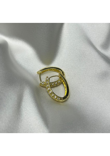 Oval Halka Zirkon Taşlı Gold Kadın Küpe