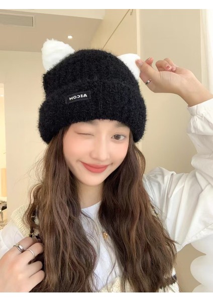 Kadınlar Için Sevimli Kedi Kulakları Örme Şapka Sonbahar ve Kış Peluş Bere Mektup Yama Basit ve Çok Yönlü Soğuk Koruma Kulak Koruması (Yurt Dışından)