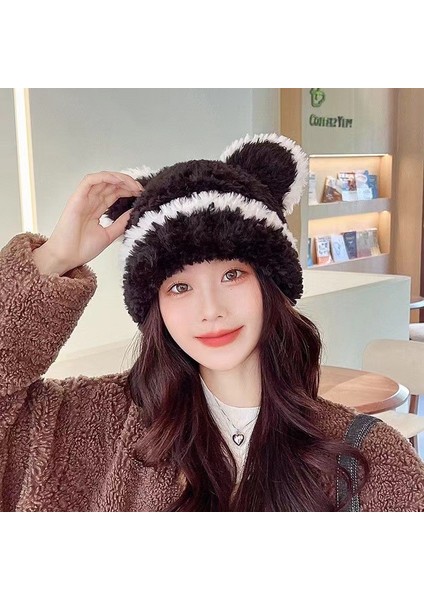 Kadınlar Için Sevimli ve Modaya Uygun Ayı Kulaklı Şapka, Sonbahar ve Kış Japon Tarzı Yüz Gösteren Küçük, Soğuğa Dayanıklı ve Sıcak Kulak Koruyucu Örme Yün Şapka (Yurt Dışından)