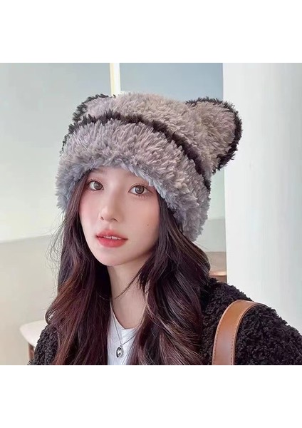 Kadınlar Için Sevimli ve Modaya Uygun Ayı Kulaklı Şapka, Sonbahar ve Kış Japon Tarzı Yüz Gösteren Küçük, Soğuğa Dayanıklı ve Sıcak Kulak Koruyucu Örme Yün Şapka (Yurt Dışından)
