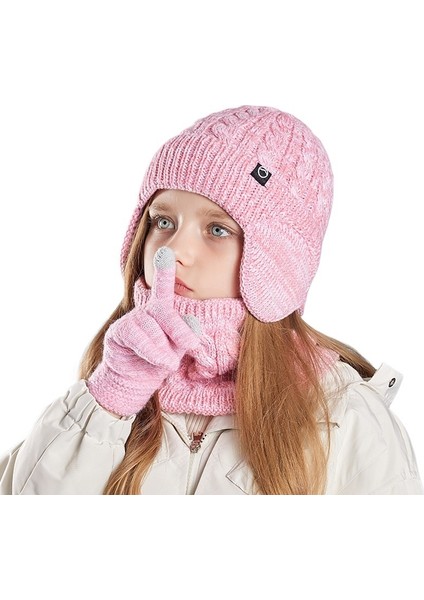 Kışlık Çocuk Boyun Isıtıcıları, Eldivenler, Şapkalar, Üç Parçalı Set, Erkek ve Kız Çocukları Için Rüzgar Geçirmez Kulak Koruyucu Örme Şapkalar, Dış Mekan Kadife Kazak Şapkaları (Yurt Dışından)