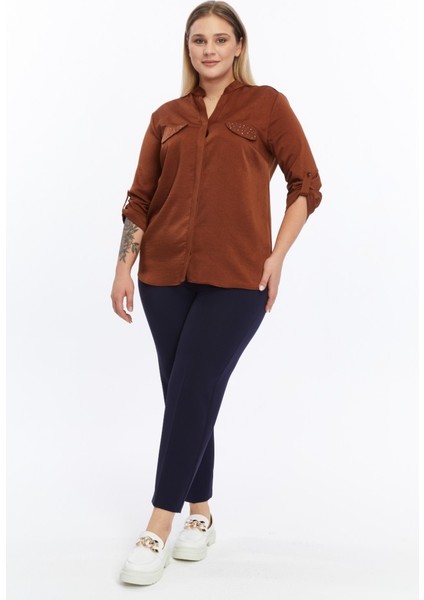 Büyük Beden Hakim Yaka Cebi Taşlı Bluz