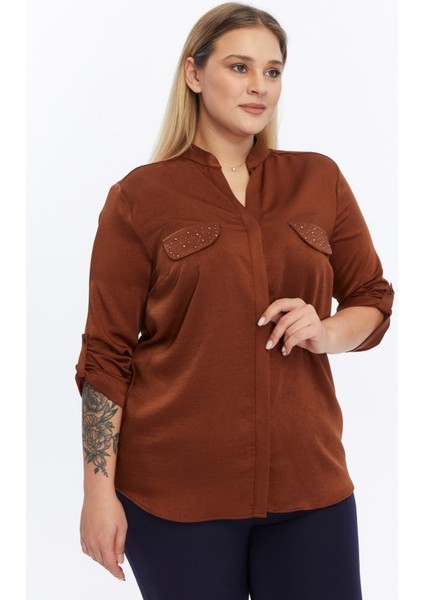 Büyük Beden Hakim Yaka Cebi Taşlı Bluz indirimleri