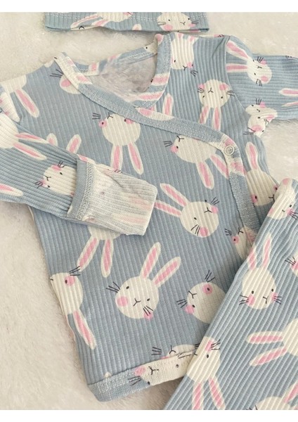 Organik Pamuklu 3'lü Bebek Takımı Unisex Desenli Fitilli Kumaş Yenidoğan Set Gizli Eldivenli