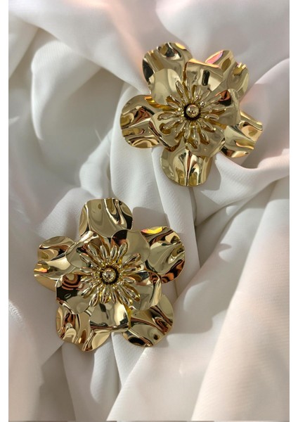 Parlak Gold Rengi Metal Büyük Çiçek Küpe indirimleri