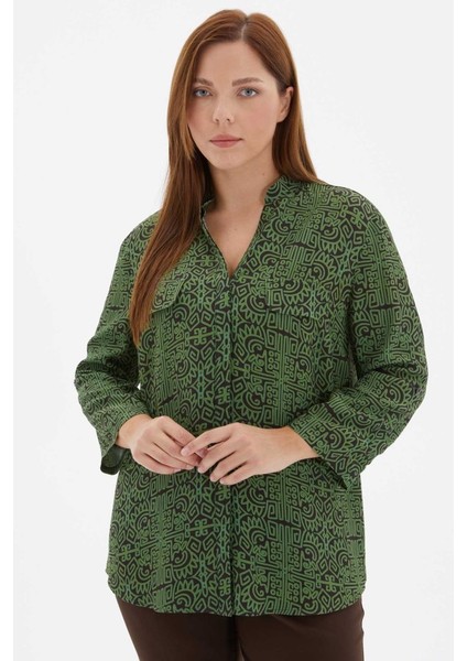 Büyük Beden Hakim Yaka Soyut Desenli Bluz