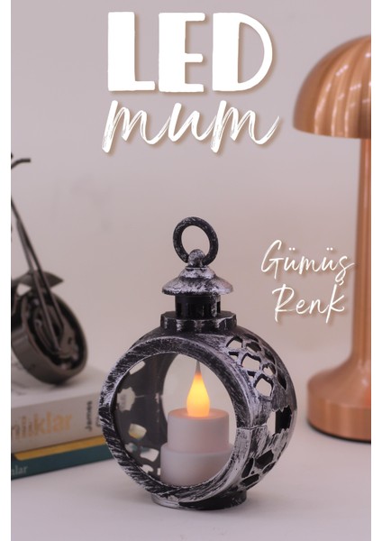 Retro LED Mum Yuvarlak Gaz Lambası Pilli Dumansız Mum Işıldak Yapay Mum Dekor Lambası Gümüş V416