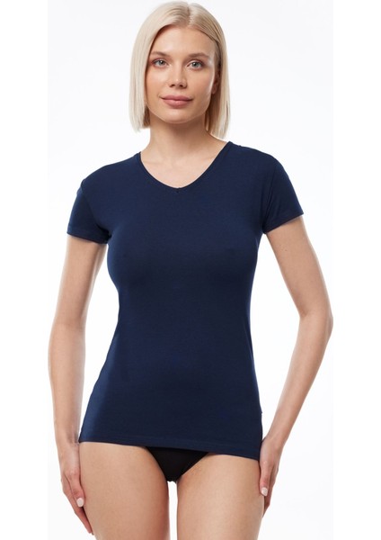 Kadın Lacivert V Yaka Kısa Kollu Modal Tişört Body 145