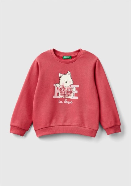 Kız Çocuk Gül Kurusu Önü Işlemeli Ribana Detaylı Normal Kesim Bisiklet Yaka Sweatshirt