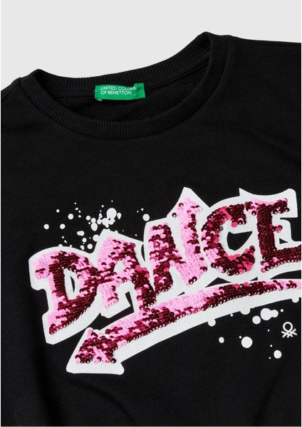 Kız Çocuk Siyah Önü Pullu Baskı Detaylı Bisiklet Yaka Sweatshirt modelleri