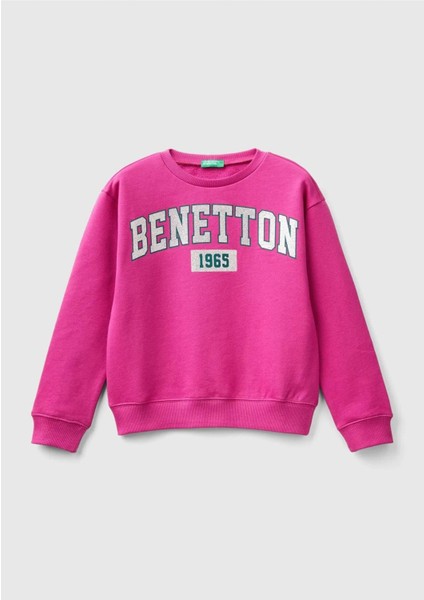 Kız Çocuk Fuşya Önü Parıltılı Logo Baskılı Bisiklet Yaka Sweatshirt