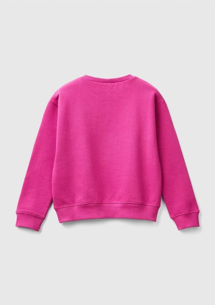 Kız Çocuk Fuşya Önü Parıltılı Logo Baskılı Bisiklet Yaka Sweatshirt