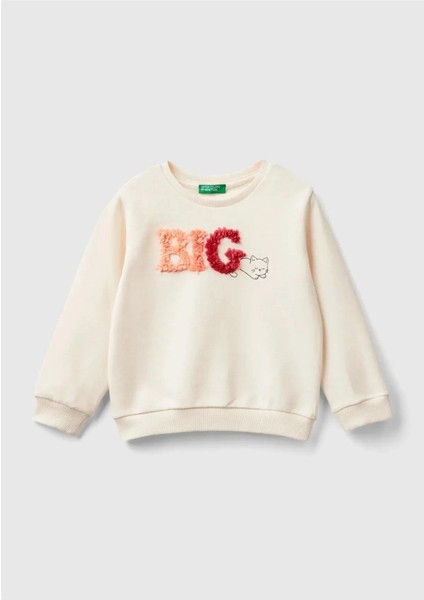 Kız Çocuk Ekru Önü Işlemeli Ribana Detaylı Normal Kesim Bisiklet Yaka Sweatshirt