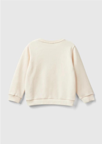 Kız Çocuk Ekru Önü Işlemeli Ribana Detaylı Normal Kesim Bisiklet Yaka Sweatshirt