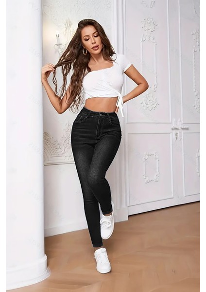 Kadın Hafif Likralı Skinny Fit Paça Detaylı Pantalon Felicia Siyah