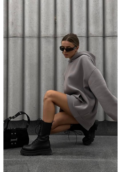 Gri Yumuşacık Kumaşlı Oversize Fit Ici Polarlı Basic Kapüşonlu Sweatshirt Hoodie