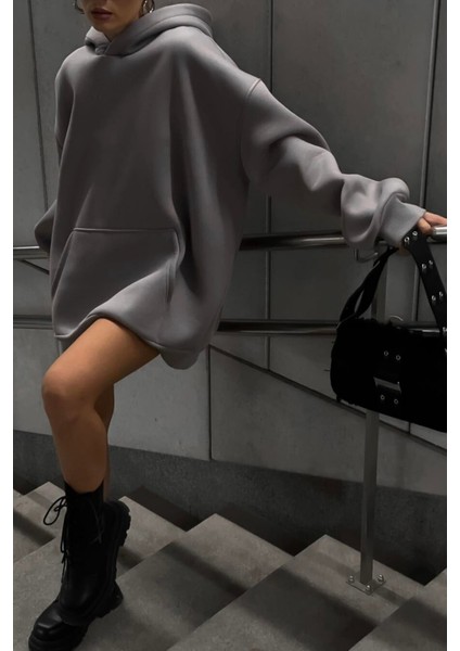 Gri Yumuşacık Kumaşlı Oversize Fit Ici Polarlı Basic Kapüşonlu Sweatshirt Hoodie