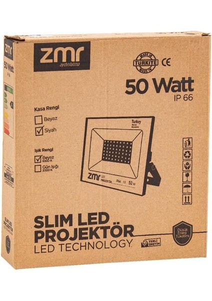 50 WATT - 220 VOLT 6500K IP66 150* IŞIK AÇISI SİYAH SLİM KASA LED PROJEKTÖR