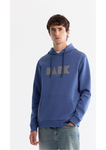 Erkek Mavi Kapüşonlu Pamuklu Baskılı Elastan Sweatshirt A42Y1322