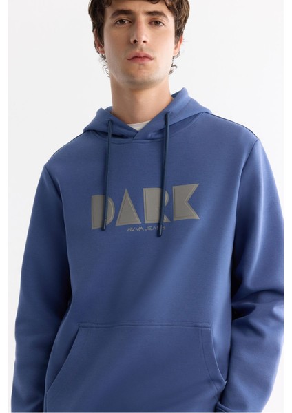 Erkek Mavi Kapüşonlu Pamuklu Baskılı Elastan Sweatshirt A42Y1322