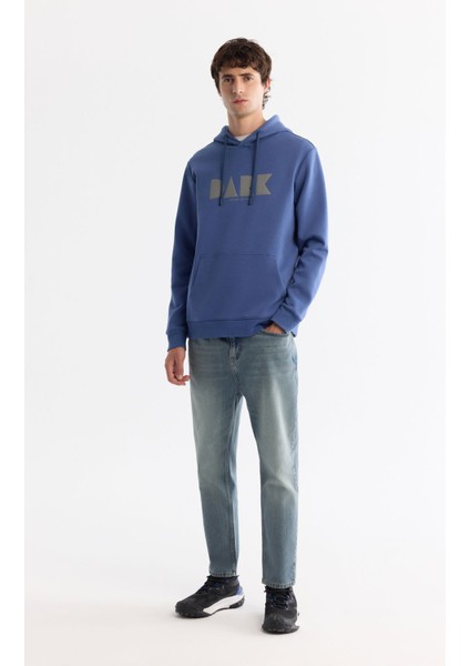 Erkek Mavi Kapüşonlu Pamuklu Baskılı Elastan Sweatshirt A42Y1322